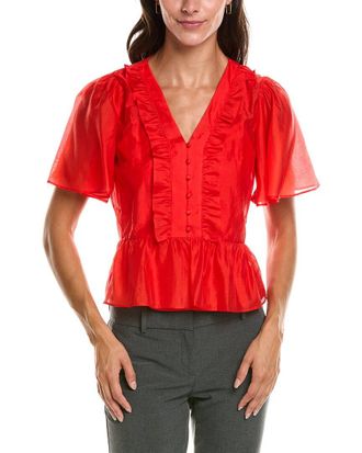Vince Camuto V-Neck Double Ruffle Button-Down Shirt