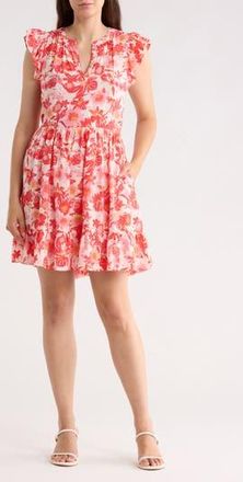Caslon Print Ruffle Shoulder Minidress in Ivory- Coral Palm Floral at Nordstrom Rack, Size Medium