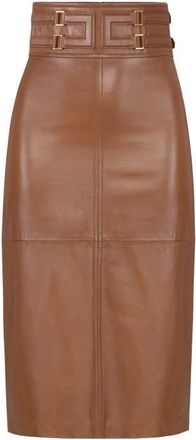 Elisabetta Franchi Rokken, Dames, Bruin, 2Xl, Leer, Leren rok met logo in reli&euml;f
