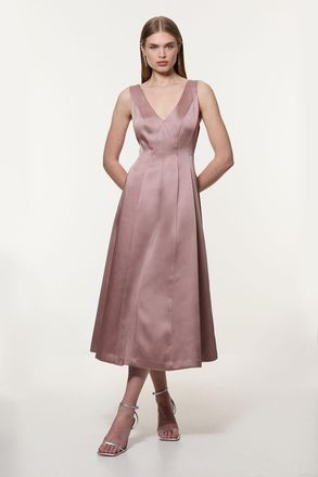 Karen Millen Womens Viscose Satin Structured Tailored Seam Detail Midi Dress - Pink - Size 10 UK