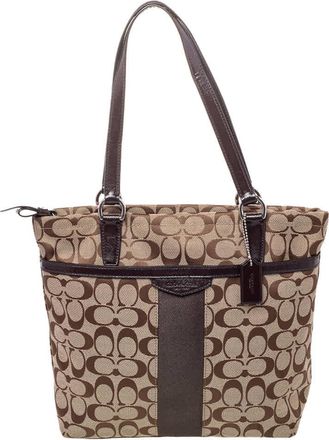 Coach Brown /beige Canvas And Patent Leather Top Zip Tote