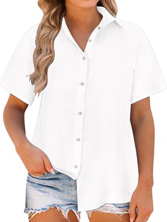 Generic Plus Size Dress Shirts Womens Short Sleeve Shirts Collared V Neck Plus Size Shirt Blouse Tops White