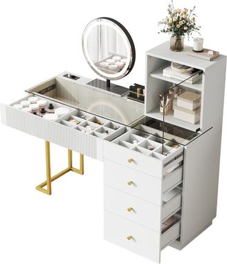 STILVORA Tocador Con 5 Cajones Y 1 Armario, Espejo Led De 3 Colores, En Mdf Y Vidrio, Blanco, 120 X 40 X 120 Cm