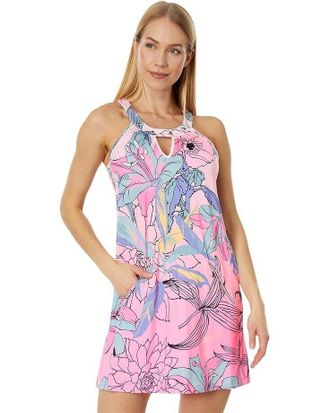 Jamie Sadock Ikebana Dress Womens XL Pink Floral Print Stretch Sleeveless ERK409 (Pink,Regular,XL)