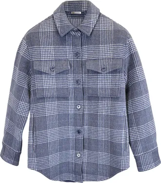 Reformation Plaid Print Button-Down Jacket in Blue Wool