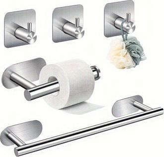 OEM Juego De Cinco Soportes Cuadrados Para Papel Higi&eacute;nico Con Gancho, No Requieren Perforaci&oacute;n, Autoadhesivos, De Acero Inoxidable, Para Montaje En Pared