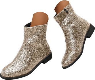Generic Womens Glitter Sequins Ankle Boots Chunky Block Heeled Sparkly Short Boots with Side Zipper Round Toe Wide Calf Rhinestone Ankle Booties Wedding Brida