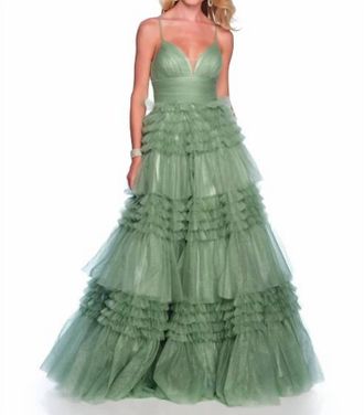 Dave & Johnny Tiered Ruffle Tulle Ball Gown Prom Dress In Sage