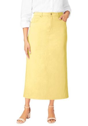 Jessica London Classic Cotton Denim Midi Skirt in Butter at Nordstrom, Size 34