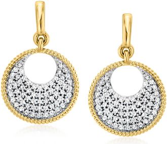 Ross-Simons Pave Diamond Disc Drop Earrings in 14kt Yellow Gold