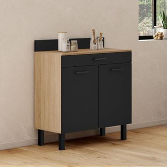IDMarket Cina Aparador De Cocina Bajo 80 Cm, Encimera H.83 Cm, 2 Puertas + Caj&oacute;n, Acabado Haya Y Negro
