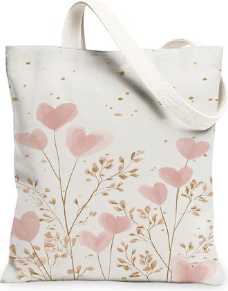 Generic Floral Hearts Canvas Tote Bags, Elegant Plant Design Reusable Grocery Bags, Lightweight Washable Shoulder Strap Canvas for, White, 13x15 Inch
