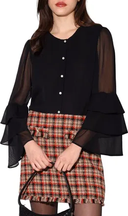 Walter Baker Dua Ruffle Long Sleeve Button-Up Top in Black at Nordstrom Rack, Size X-Small