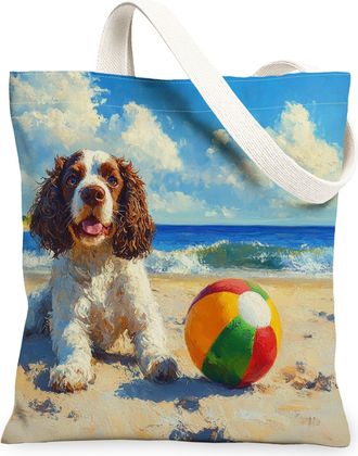 Generic Summer Westie Dog Canvas Tote Bag for Shopping 13x15, Beach Coastal Beachy Puppy Reusable Grocery Print Bag for Women, Fun Pet Beach Aesthetic Paintin