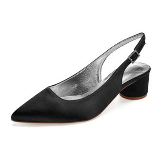 Generic Wedding Bridal Shoes Women Chunky Block Satin Low Heels Pointed Toe Slingback Evening Party Prom Office Shoes 4.5Cm,Black,2 UK