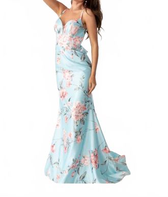 Rachel Allan Floral Print Fitted Ruffled Gown In Sky Blue Multi