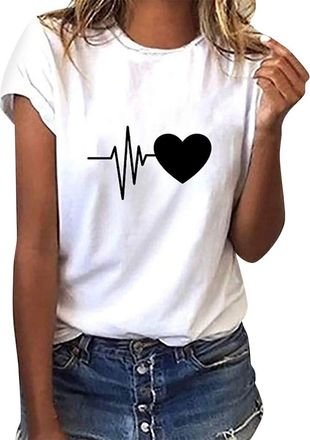 Heekpek T Shirts for Women Summer Basic T-Shirts Casual Short Sleeve Tops Heart T Shirt Round Neck Tee Tops with Print