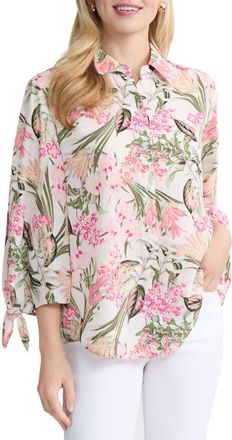 Jones New York Floral Tie Sleeve Button-Up Shirt in White Sand Multi at Nordstrom, Size X-Large