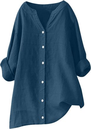 Generic Long Sleeve Tops Womens Dressy Casual Blouses Summer Cotton Linen Shirts Roll Up Sleeve Button V Neck Blouses Oversized Loose Tees Shirts Baggy Comfy 