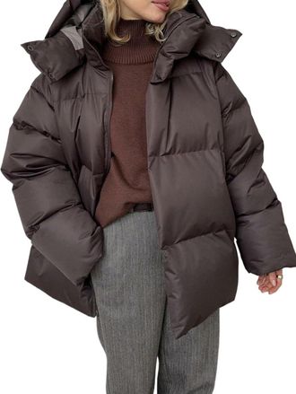 Generic Womens Quilted Puffer Coat Hoodie Winter Oversized Mid-Length Padded Down Jacket Warm Heavyweight Bubble Outerwear (Brown,M)