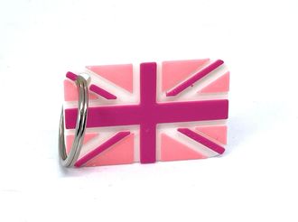 Generic 3D Printed Union Jack Key Ring, Pink and White Design, British Flag Keychain with Metal Split Ring