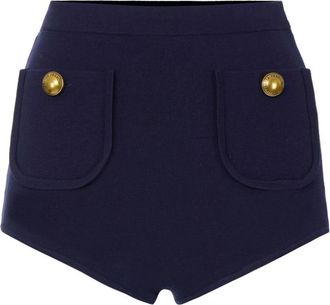 Elisabetta Franchi Korte Broeken, Dames, Blauw, S, Leer, Gebreide shorts met juwelenknopen