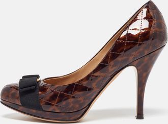 Ferragamo Brown Quilted Patent Leather Vara Bow Platform Pumps