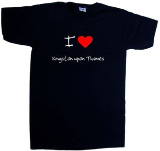 Tee Tree Designs I Love Heart Kingston Upon Thames Black V-Neck T-Shirt (White Print)-Large