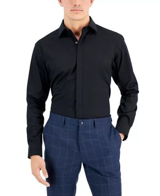 Alfani Dress Shirt Men Deep Black Slim-Fit Formal Button Up FTS119