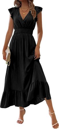 Generic Womens Summer Maxi Dresses Elegant V Neck Wrap Ruffle Sleeve Flowy Maxi Dress High Waist Pleats Wedding Guest Dress (Black,XL)