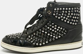 Jimmy Choo London Black Leather And Suede Crystal Embellish High Top Sneakers