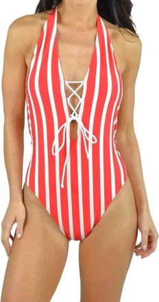 Milly Stripe Laced Front Halter One Piece Swimsuit In Red/ivory