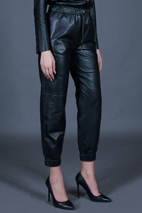 D'Arienzo Pantalone sfoderato in pelle nera con elastico DArienzo, Seleziona Taglia L, Colore Nero