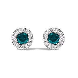 House of Brilliance 925 Sterling Silver 1/2 Cttw Blue Diamond Halo Stud Earring