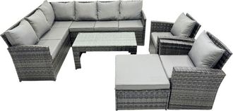 Fimous 9 Seat Poly Rattan Outdoor Patio Oblong Coffee Table Corner Sofa Set with Big Stool 2 Chairs for Garden Backyard Dark Grey Mixed - Fimous