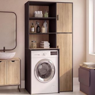 IDMarket Mueble De Lavadero Para Lavadora O Secadora Wallis Con Estantes Y Armario De Almacenamiento En Negro Y Madera