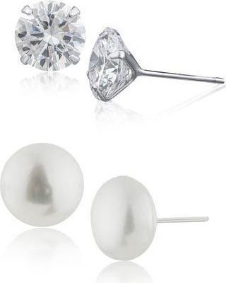 Jardin Set of 2 Cultured Pearl & Cubic Zirconia Stud Earrings in White/Clear Silver at Nordstrom Rack