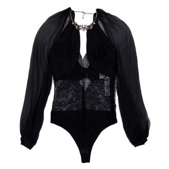 Roberto Cavalli Black Silk Sheer-Sleeve Bodysuit, Brand Size 38 ( US Size 4 )