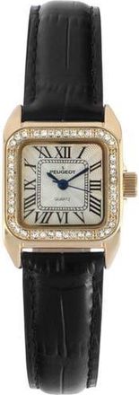 Peugeot Status Square Crystal Bezel Leather Watch - 34x24MM in Black at Nordstrom