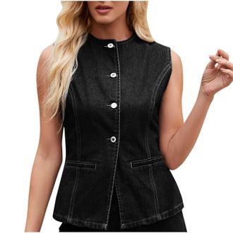Generic Flodxo Denim Waistcoat Women UK Ladies Sleeveless Denim Vest Button Down Jean Jackets Round Neck Cropped Cardigans Slim Fit Streerwear Ladies Gilets E