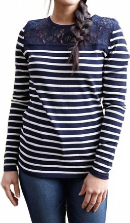 Papillon Striped Lace Yoke Top In Navy/ White