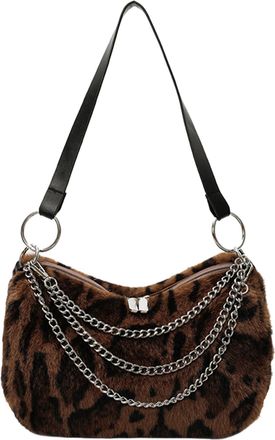 Generic Plush Leopard Shoulder Bag Soft Crossbody Bag Large Handbag for Women (Coffee) (Coffee)