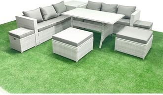 Fimous Rattan Garden Furniture Set Outdoor 10 Seater Patio Dining Sets with Glass Top Dining Table and Side Table Light Grey Mixed - Fimous