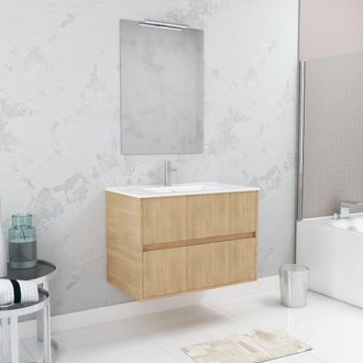 Aurlane Aurlane - Pack Mueble De Ba&ntilde;o 80 Cm Roble Claro 2 Cajones, Lavabo, Espejo 60x80 Y Aplique Led
