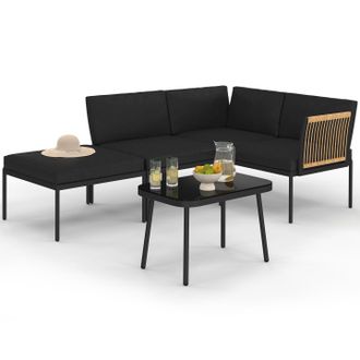 IDMarket Set Di Mobili Da Giardino Modulari Bassi Rio 4 Posti Struttura In Metallo Nero, Cordame Effetto Rattan Chiaro Con Cuscini Neri