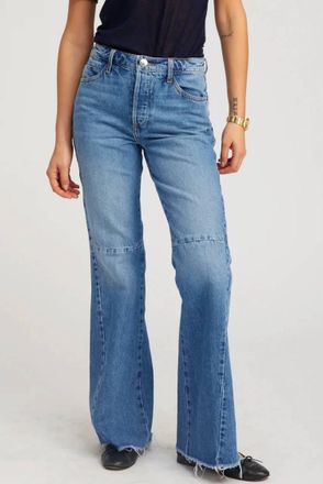 SPRWMN 5 Pocket Patch Flare Jeans In Medium Blue Stone Wash