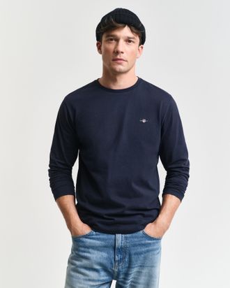 GANT Langarmshirt GANT REG SHIELD LS T-SHIRT, Herren, Gr. S, blau (evening blau), Jersey, Obermaterial: 100% Baumwolle, unifarben, Basic, regular fit h&uuml;ftl