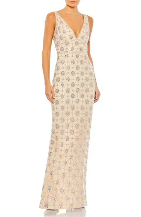 Mac Duggal Sleeveless Hand Beaded V-neck Gown in Nude Silver at Nordstrom, Size 14
