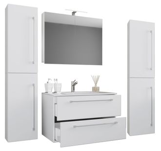 ebuy24 Ebuy24 - Vcm 5pcs Lavabo Lavabo Gabinete Inferior Ancho 80 Cm Muebles De Ba&ntilde;o Conjunto Con Cajones Puertas Giratorias Armario De Espejo Badinos (blanc
