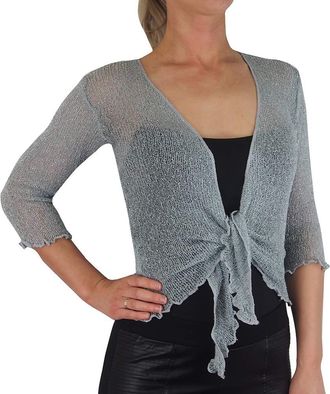 Mimosa Ladies Crochet Shrug Bolero Glitter or Plain Super Stretchy Lace Fish Net Tie at Waist Bolero Open Cardigan Fits UK 6-28 Grey Silver